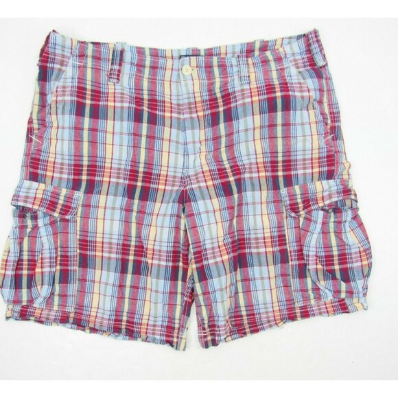 Ralph Lauren Polo Jeans Company Dry Goods Madras Plaid Cargo Shorts 42 Blue Red - Picture 1 of 6